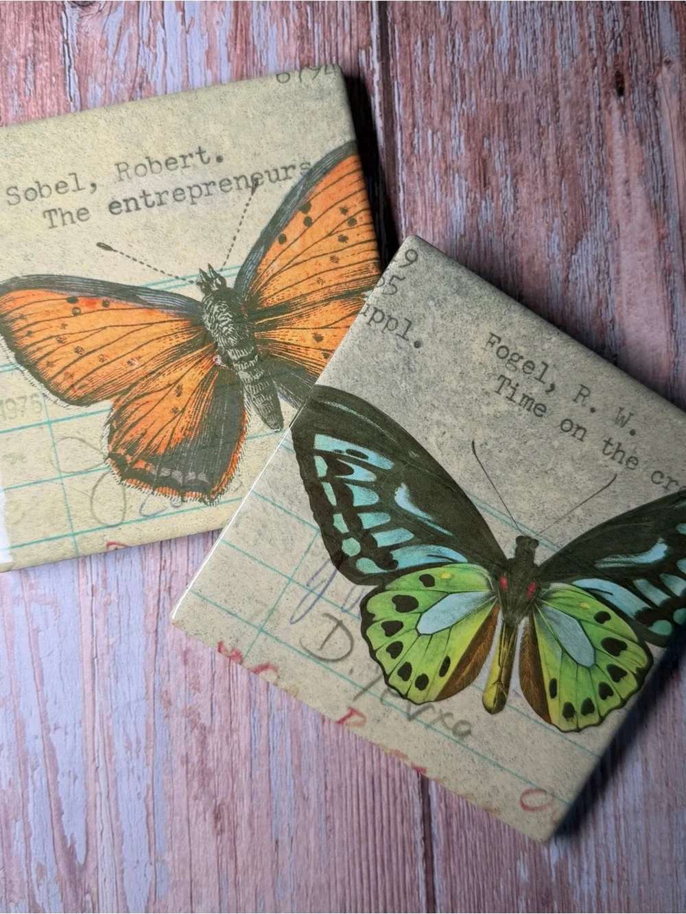 Bookish Ceramic Coaster for Book Lovers Butterfly Ephemera Library Card Set of 2